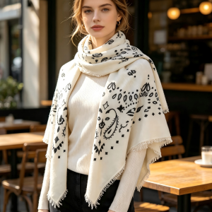 DOMOG Paisley Cashmere Scarf — Ivory & Black