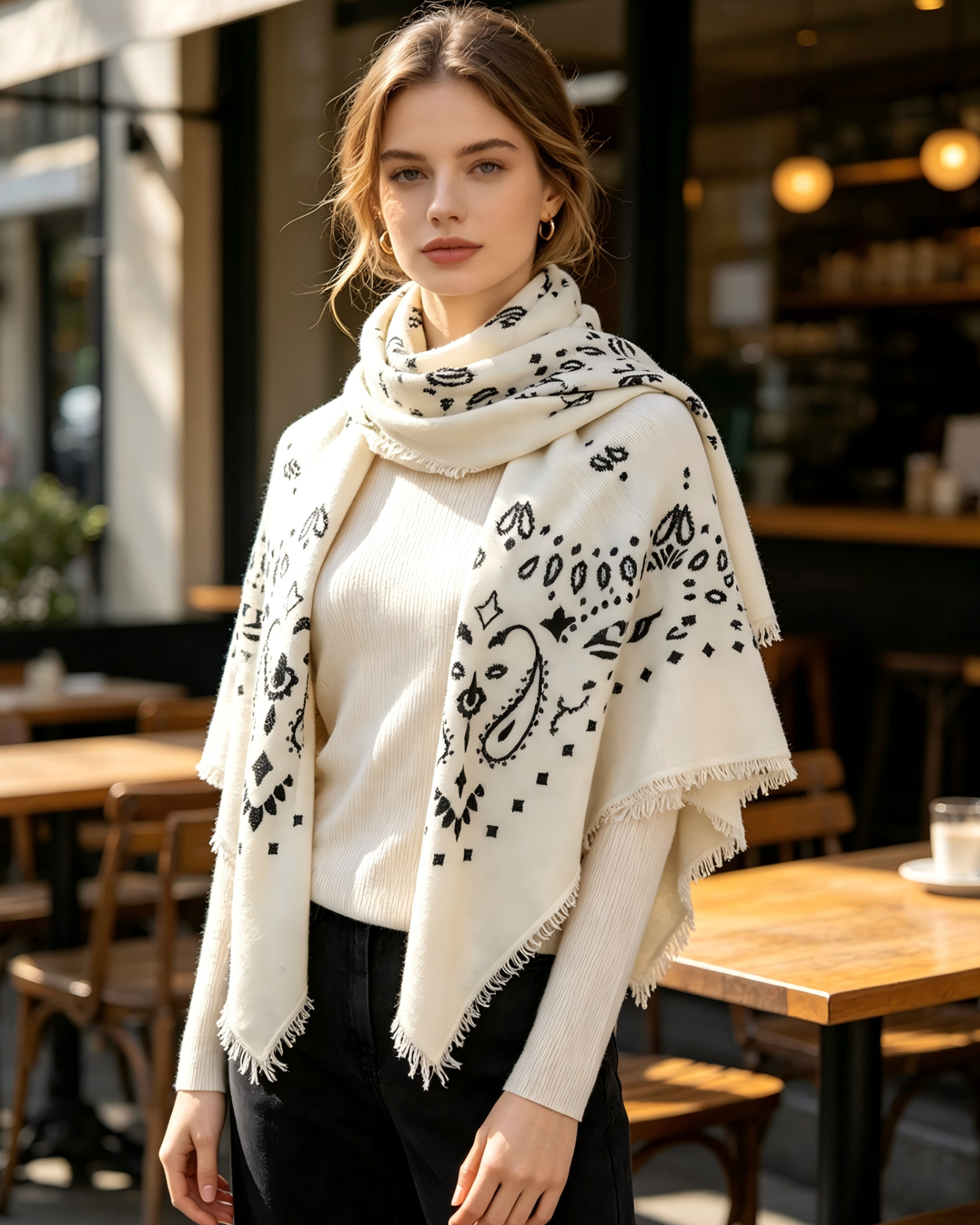 DOMOG Paisley Cashmere Scarf — Ivory & Black