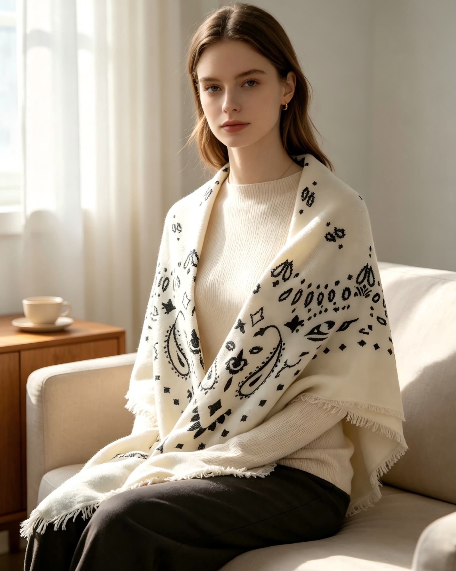 DOMOG Paisley Cashmere Scarf — Ivory & Black - Image 3