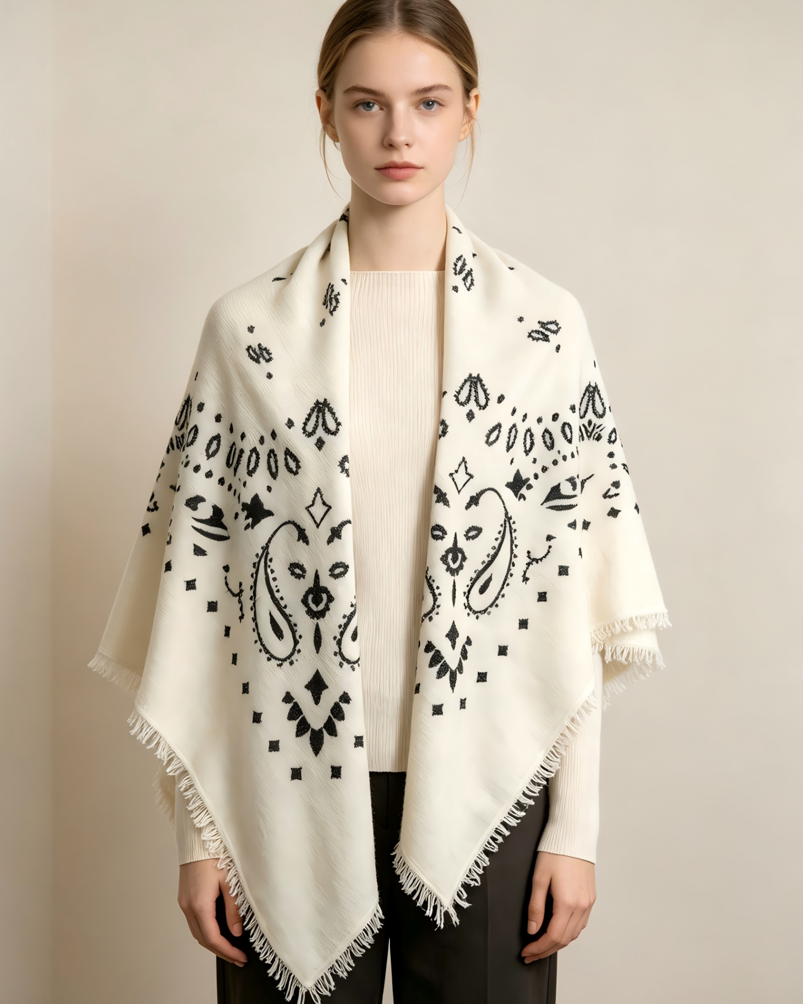 DOMOG Paisley Cashmere Scarf — Ivory & Black - Image 4
