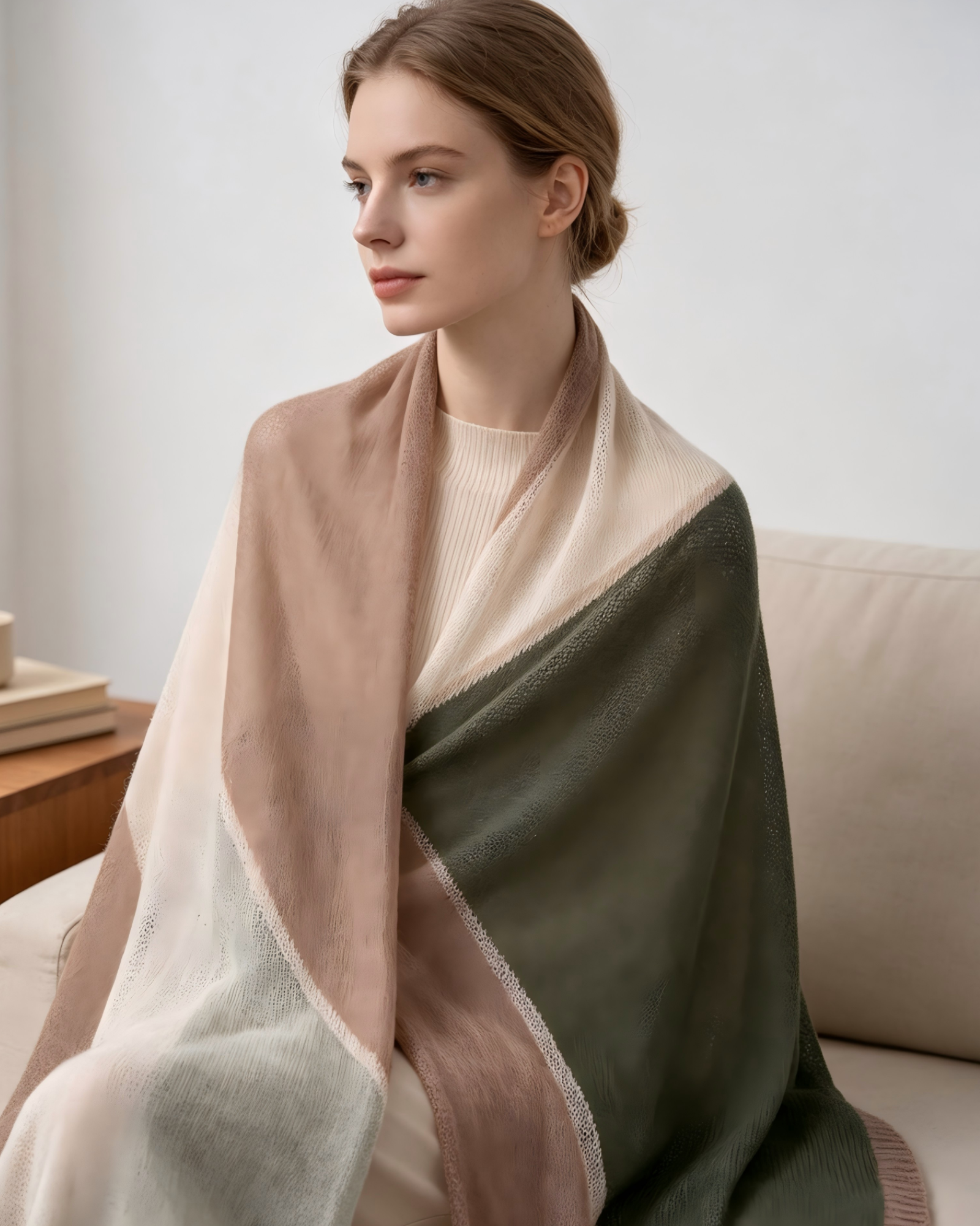 100% Inner Mongolian Cashmere Scarf – Olive, Blush & Ivory | DOMOG - Image 3