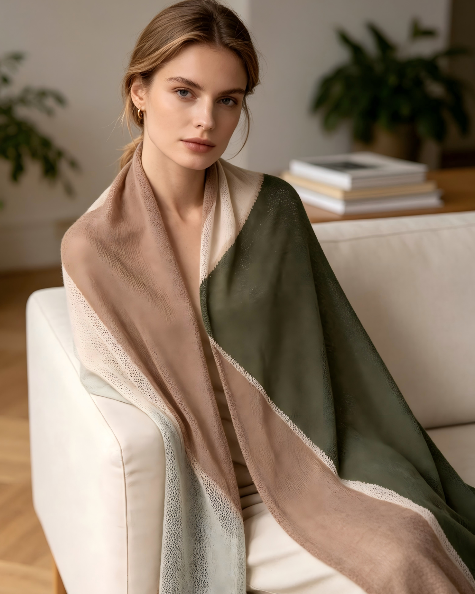 100% Inner Mongolian Cashmere Scarf – Olive, Blush & Ivory | DOMOG - Image 4