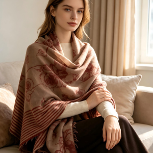 100% Inner Mongolian Cashmere Shawl – Rose Floral & Stripe | DOMOG