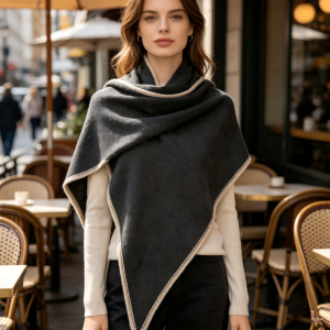 100% Inner Mongolian Cashmere Shawl – Charcoal with Ivory Trim | DOMOG