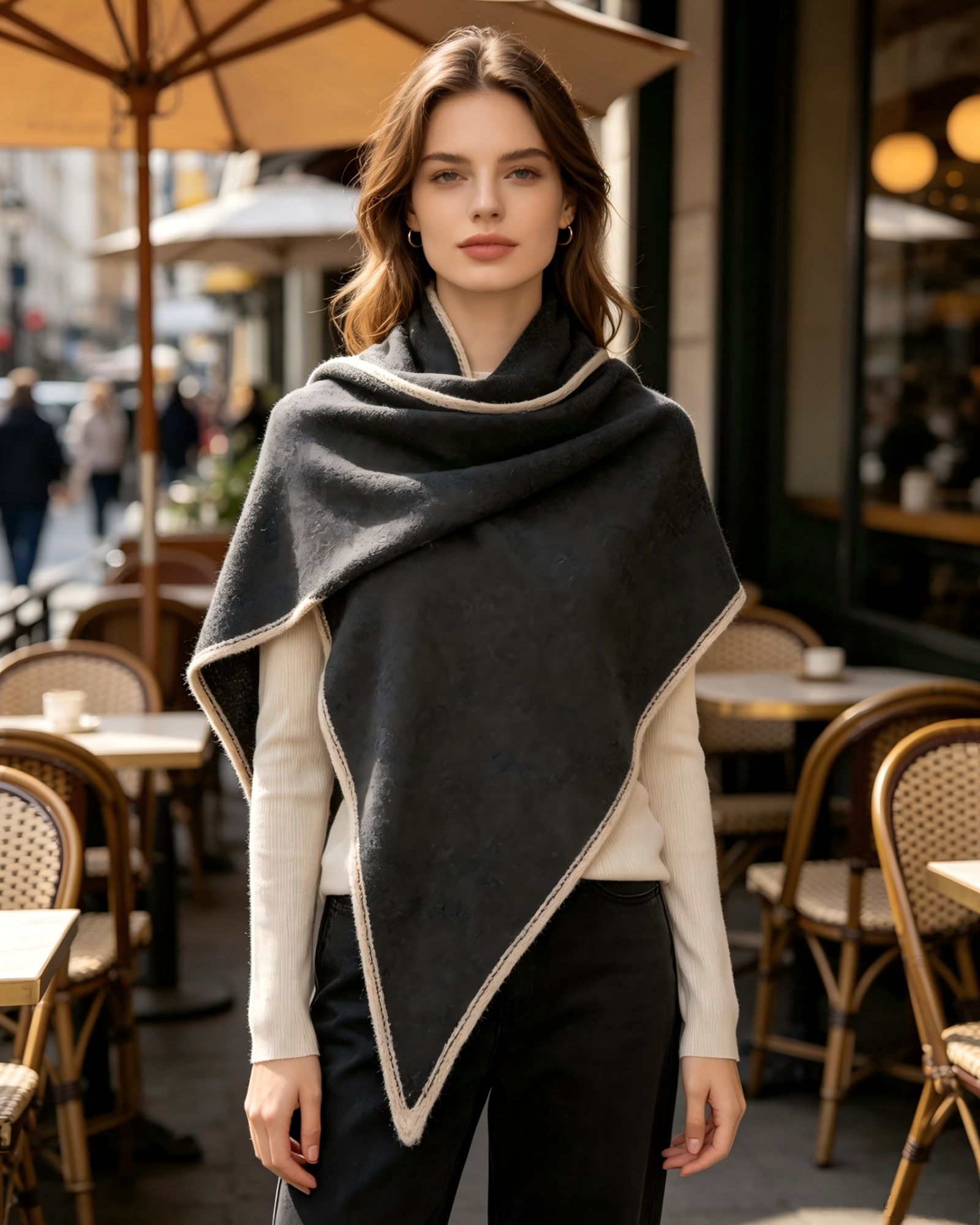 100% Inner Mongolian Cashmere Shawl – Charcoal with Ivory Trim | DOMOG