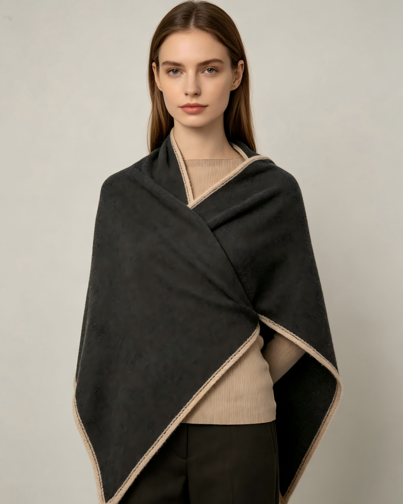 100% Inner Mongolian Cashmere Shawl – Charcoal with Ivory Trim | DOMOG - Image 2