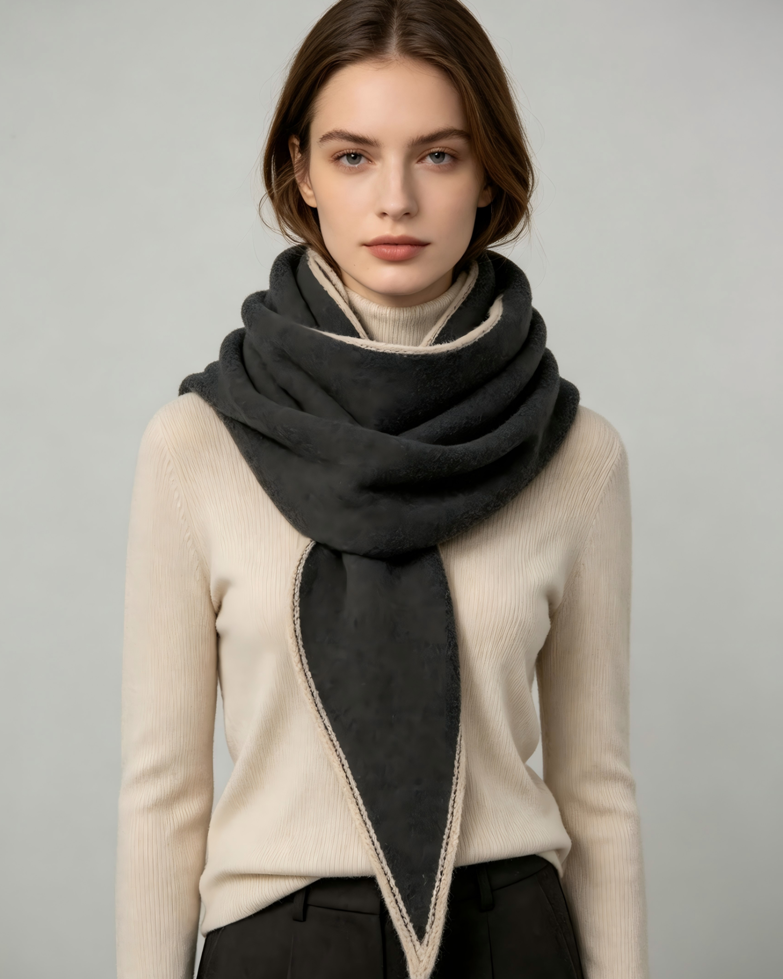 100% Inner Mongolian Cashmere Shawl – Charcoal with Ivory Trim | DOMOG - Image 3