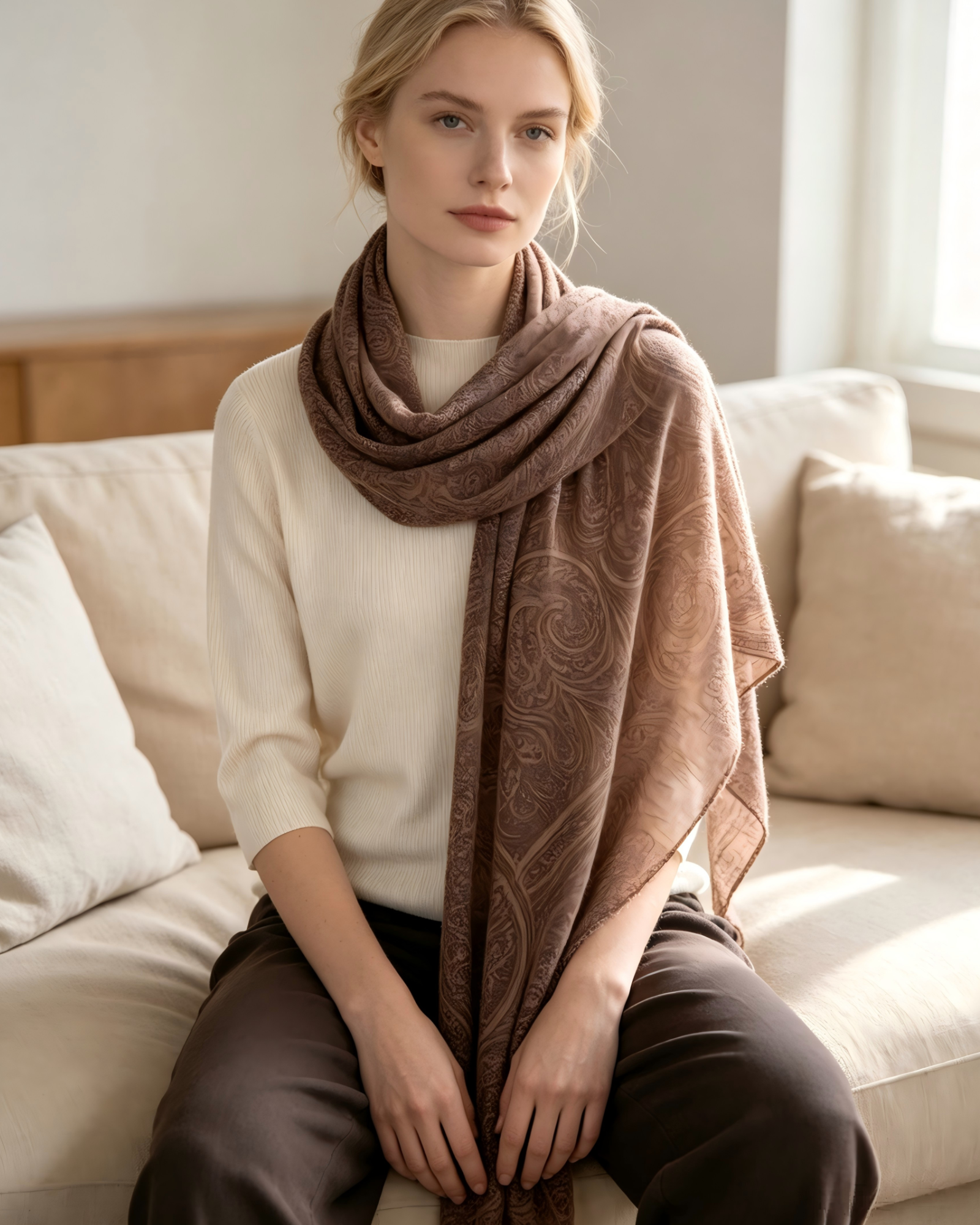 DOMOG Solstice Mocha Paisley Cashmere Shawl — 100% Inner Mongolian Cashmere - Image 3