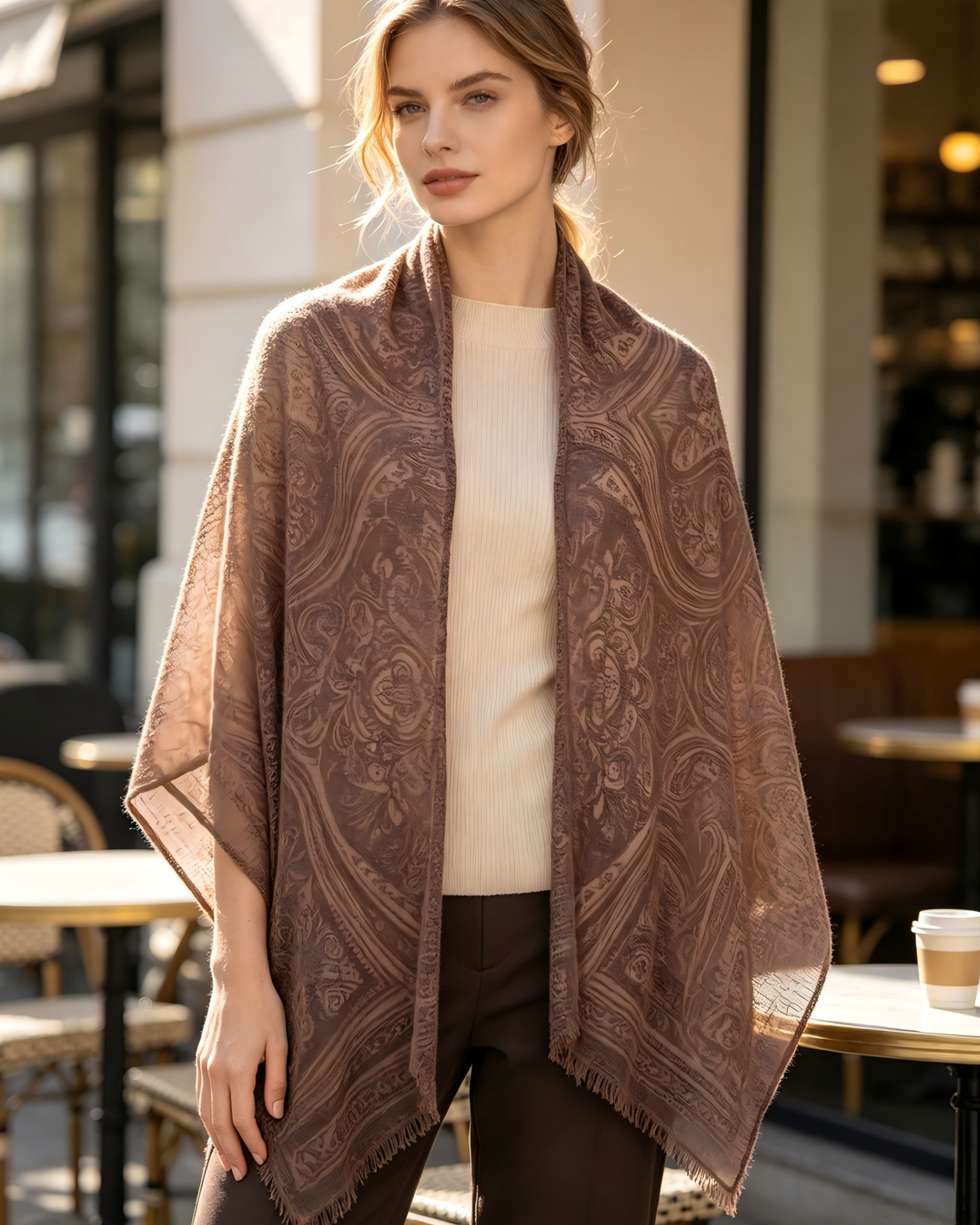 DOMOG Solstice Mocha Paisley Cashmere Shawl — 100% Inner Mongolian Cashmere